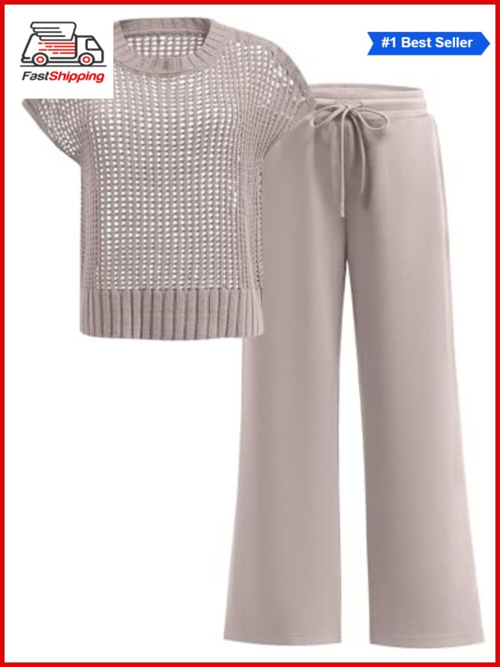✨ Women Two Piece Outfits Crochet Sheer Knit Sweater Top Wide Leg Pants Lounge